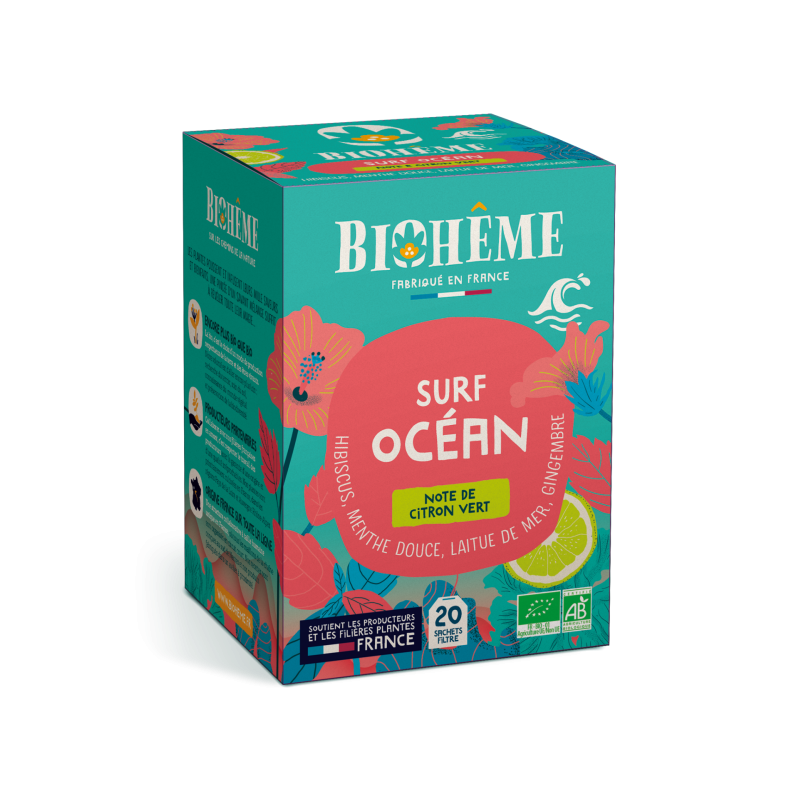 Surf Océan 20 infusettes – Citron vert, Hibiscus, Menthe, Laitue de mer – Infusions sachets Biohême Finistère