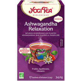 Yogi Tea Ashwagandha Relaxation : acérola, cynorrhodon, citronnelle, menthe poivrée, réglisse, hibiscus, ashwagandha, passiflore