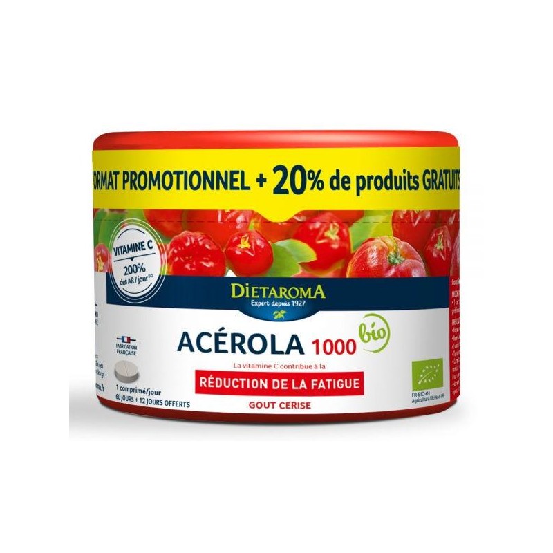 Acérola 1000 Diétaroma format famillial, complément alimentaire bio très riche en vitamine C naturelle