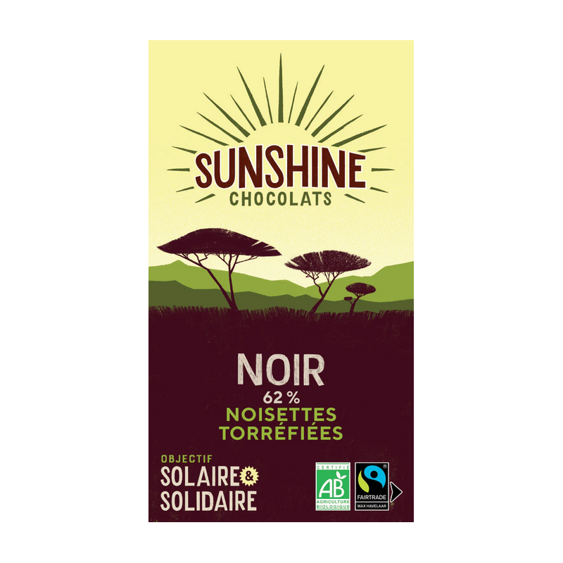 Tablette Chocolat noir 62% noisettes torréfiées Sunshine Chocolats bretagne finistère