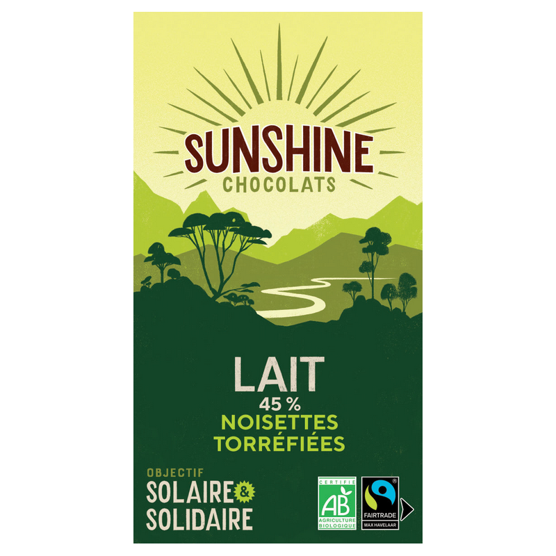 Tablette de chocolat au lait 45% noisettes torréfiées Sunshine Chocolats bretagne finistere