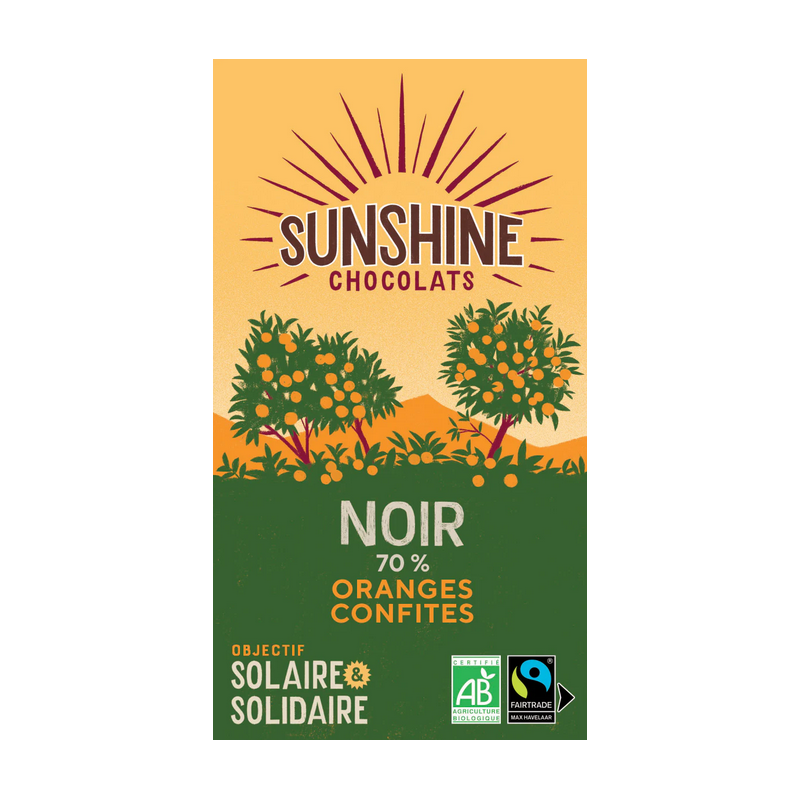 Tablette Chocolat noir 70% Sunshine Chocolats éclats d’écorces d’orange confites Bretagne Finistère