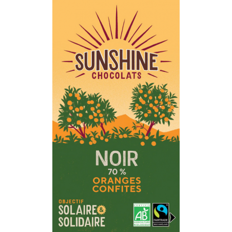 Tablette Chocolat noir 70% Sunshine Chocolats éclats d’écorces d’orange confites Bretagne Finistère