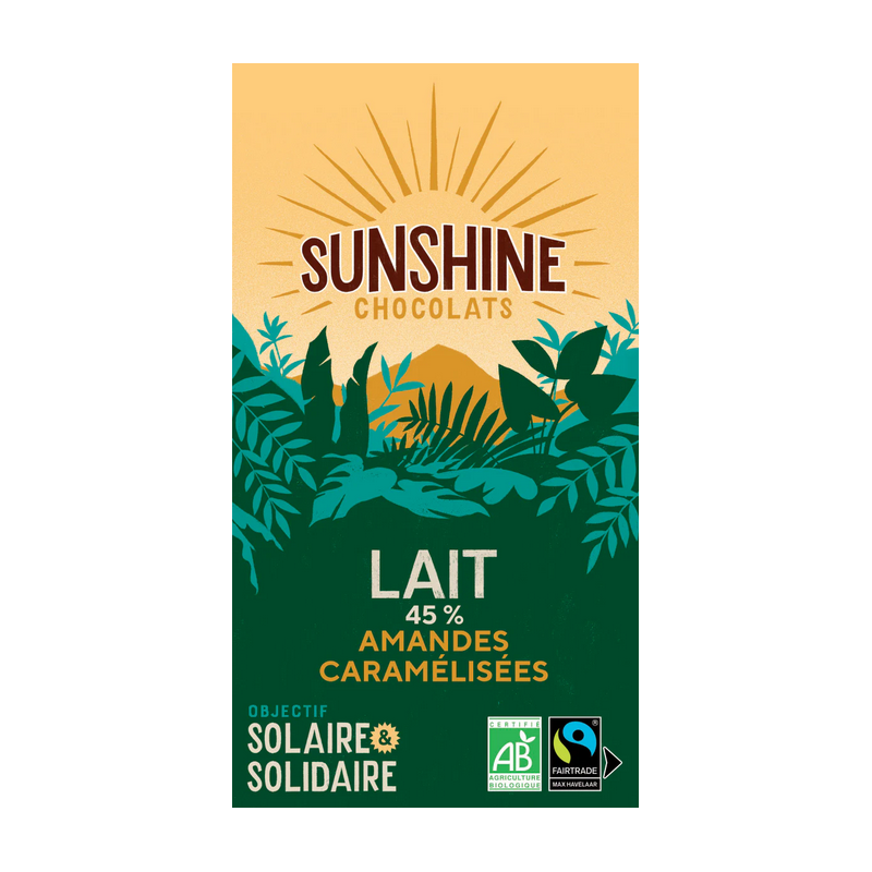 Tablette Chocolat lait 45% Sunshine Chocolats amandes caramélisées Bretagne Finistère