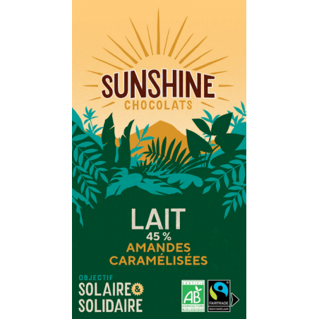 Tablette Chocolat lait 45% Sunshine Chocolats amandes caramélisées Bretagne Finistère