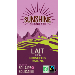 Tablette Chocolat lait 45% Sunshine Chocolats noisettes raisins - Bretagne Finistère