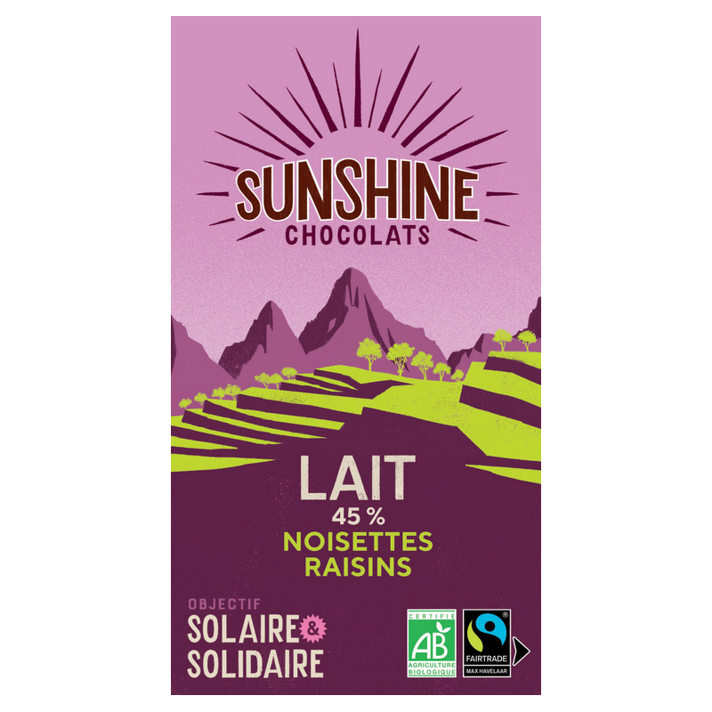 Tablette Chocolat lait 45% Sunshine Chocolats noisettes raisins - Bretagne Finistère