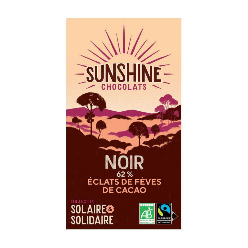 Tablette Chocolat noir 62% Sunshine Chocolats aux éclats de fèves de cacao torréfiées - Bretagne Finistère