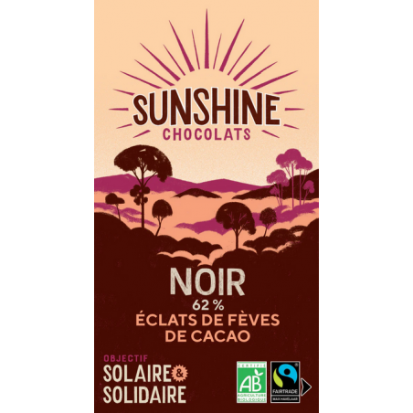 Tablette Chocolat noir 62% Sunshine Chocolats aux éclats de fèves de cacao torréfiées - Bretagne Finistère