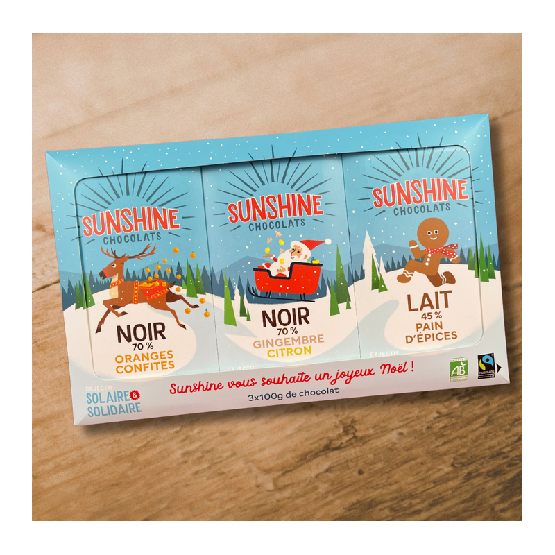 Coffret de Noël Sunshine Chocolats réunissant trois somptueuses recettes de Noël gourmandes Finistère