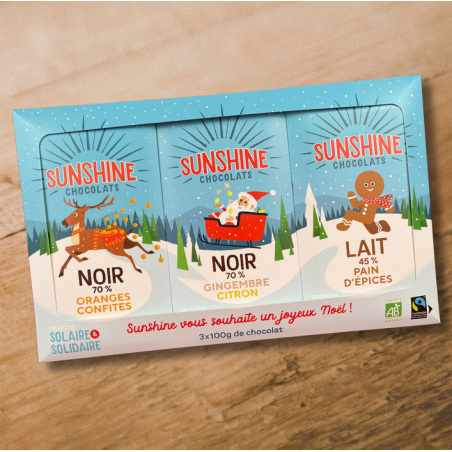 Coffret de Noël Sunshine Chocolats réunissant trois somptueuses recettes de Noël gourmandes Finistère