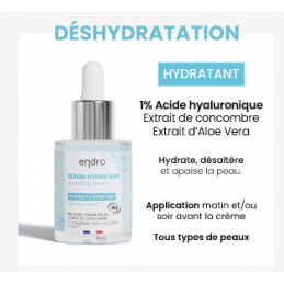 Ce sérum hydrate et apaise la peau pendant 48h grâce à l'acide hyaluronique et au concombre.