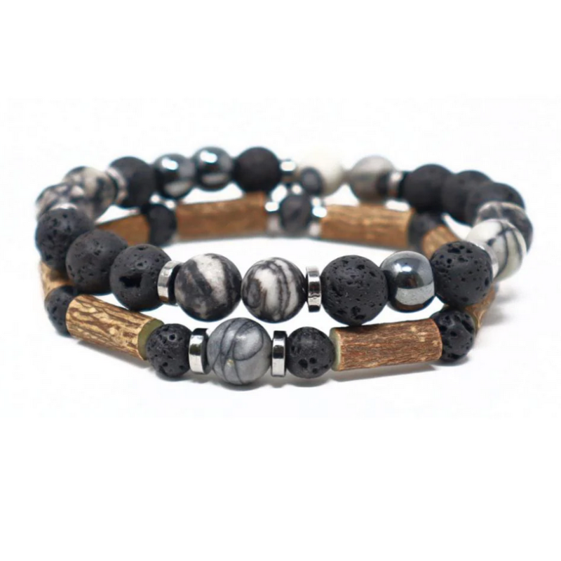 Bracelet double Noisetier 18cm Jaspe Netstone & Hématite – Pur Noisetier Finistère