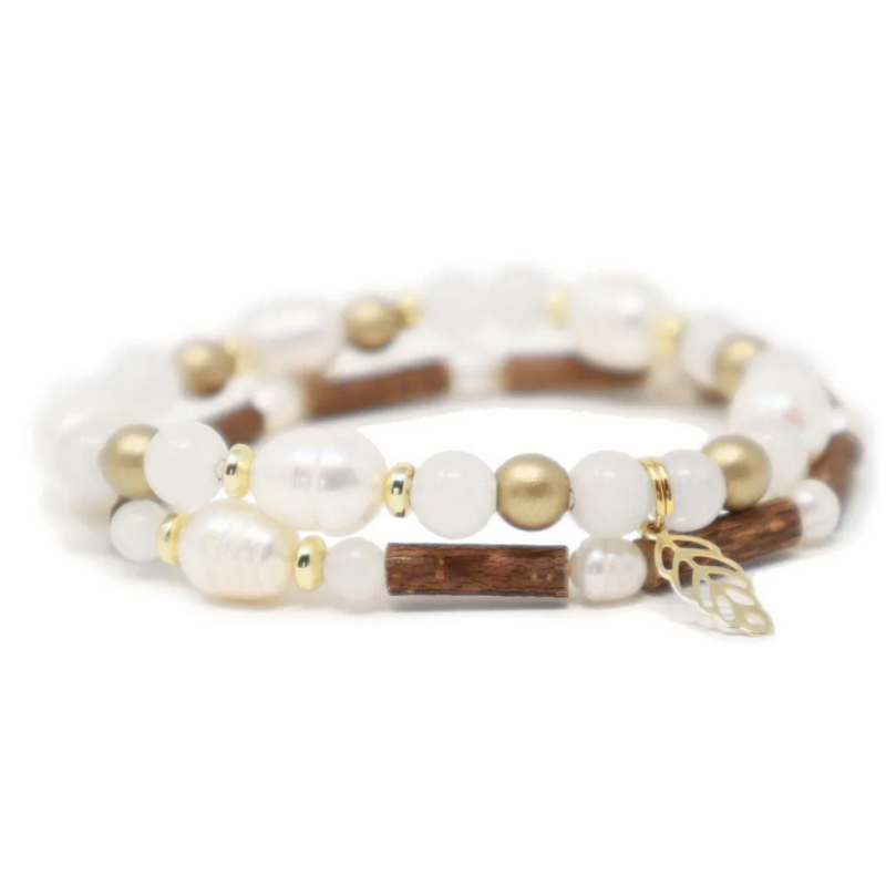 Bracelet double Noisetier 18cm Perle & quartz blanc – Pur Noisetier Finistère