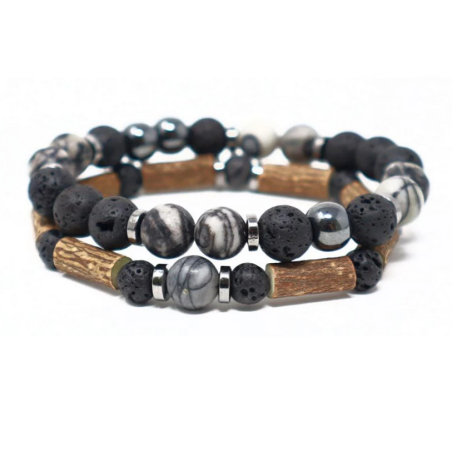 Bracelet double Noisetier 20cm Jaspe Netstone & Hématite – Pur Noisetier Finistère