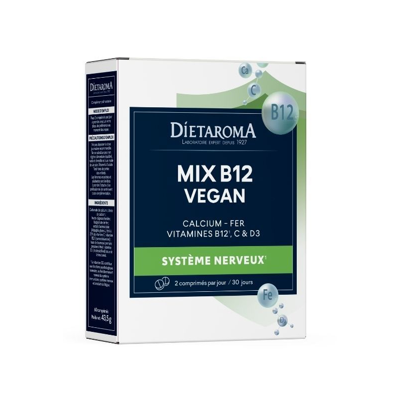 Mix B12 – Fer, D3, Calcium, Vitamine C - Vegan –  Système immunitaire et nerveux, fatigue,  – Compléments Dietaroma Finistère