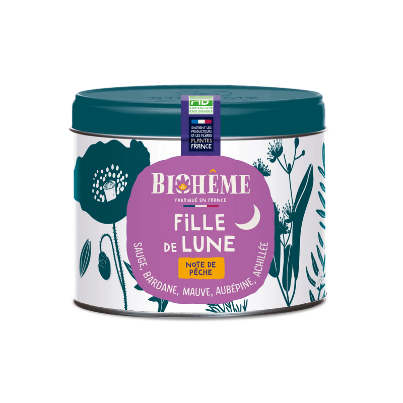 Fille de Lune Boîte Métal 45g –  Sauge, bardane, mauve, aubépine, achillée – Infusion féminité Biohême Finistère