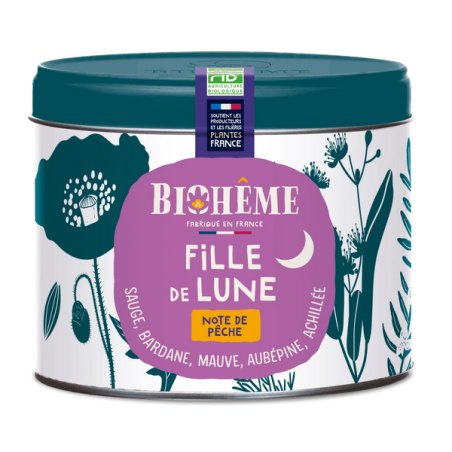 Fille de Lune Boîte Métal 45g –  Sauge, bardane, mauve, aubépine, achillée – Infusion féminité Biohême Finistère
