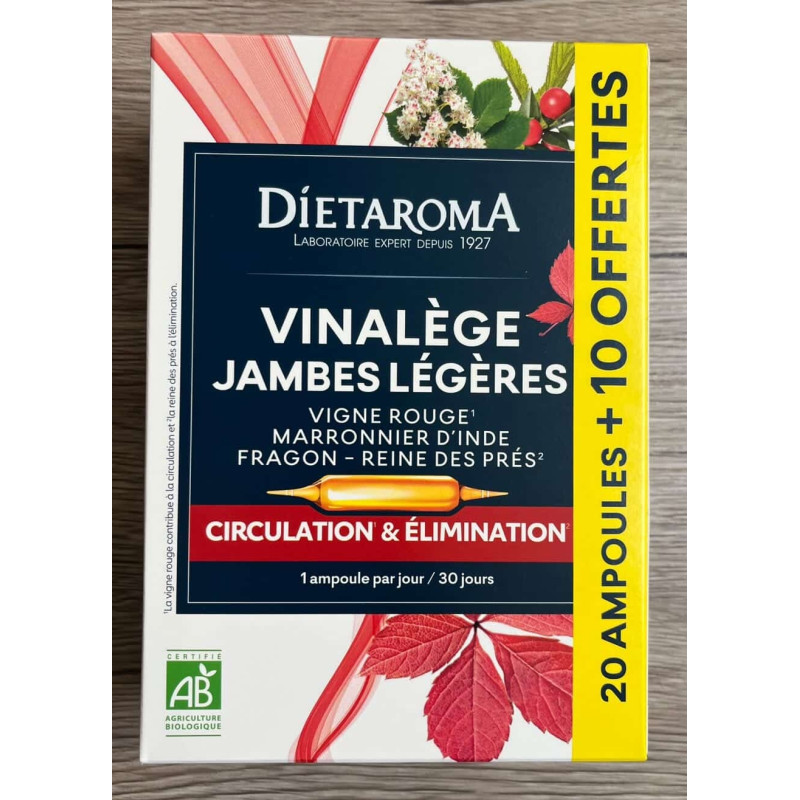Vinalège Jambes Légères 20 + 10 Ampoules – Circulation, Elimination – Compléments circulation Dietaroma Finistère
