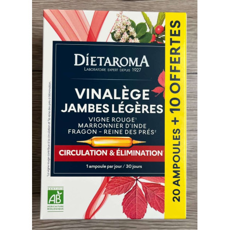 Vinalège Jambes Légères 20 + 10 Ampoules – Circulation, Elimination – Compléments circulation Dietaroma Finistère