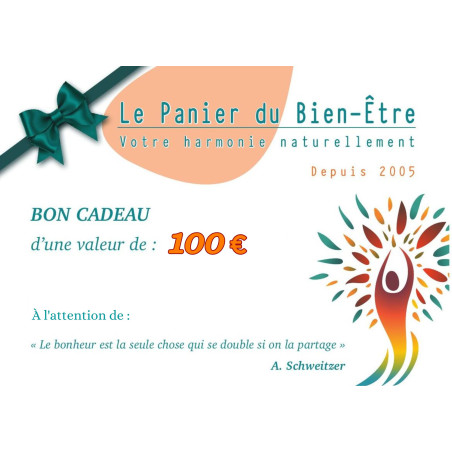 Carte Cadeau 100 € du Panier du Bien-être à offrir pour un choix libre de ses cadeaux