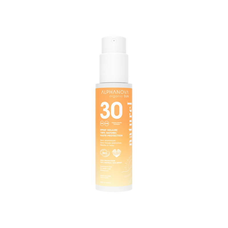 Spray Solaire Naturel SPF 30 – Haute protection, Résistante à l'eau – Cosmétiques Alphanova Finistère
