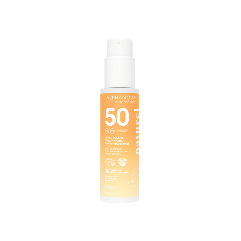 Spray Solaire Naturel SPF 50 – Haute protection, Résistante à l'eau – Cosmétiques Alphanova Finistère