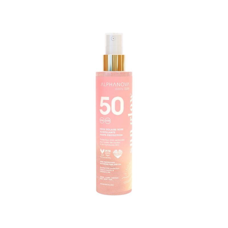 Huile Solaire Rose Scintillante SPF 50 – Haute protection UVA renforcée, Jojoba et framboise – Cosmétiques Alphanova Finistère