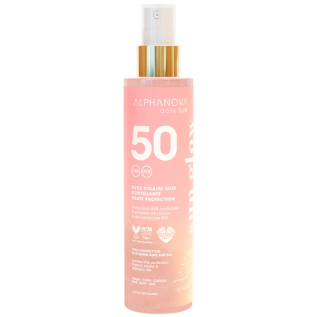 Huile Solaire Rose Scintillante SPF 50 – Haute protection UVA renforcée, Jojoba et framboise – Cosmétiques Alphanova Finistère