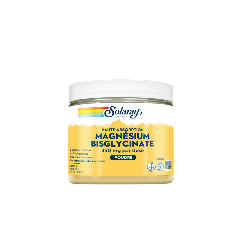 Magnésium Bisglycinate poudre 350mg – Stress, fatigue, détente de Solaray