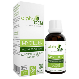 Myrtillier 50ml – Sphères Digestive, Uro-génitale, Ostéo-articulaire, Circulatoire, Oculaire, Cutané - Gemmo Alphagem Finistère