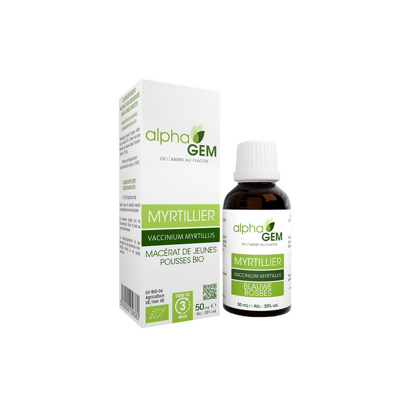 Myrtillier 50ml – Sphères Digestive, Uro-génitale, Ostéo-articulaire, Circulatoire, Oculaire, Cutané - Gemmo Alphagem Finistère