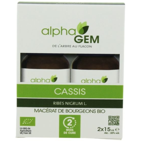 Cassis 15ml DUO – Sphère Ostéo-Articulaire, Respiratoire, ORL, Sanguine, Nerveuse, Cutanée – Gemmo Alphagem Finistère