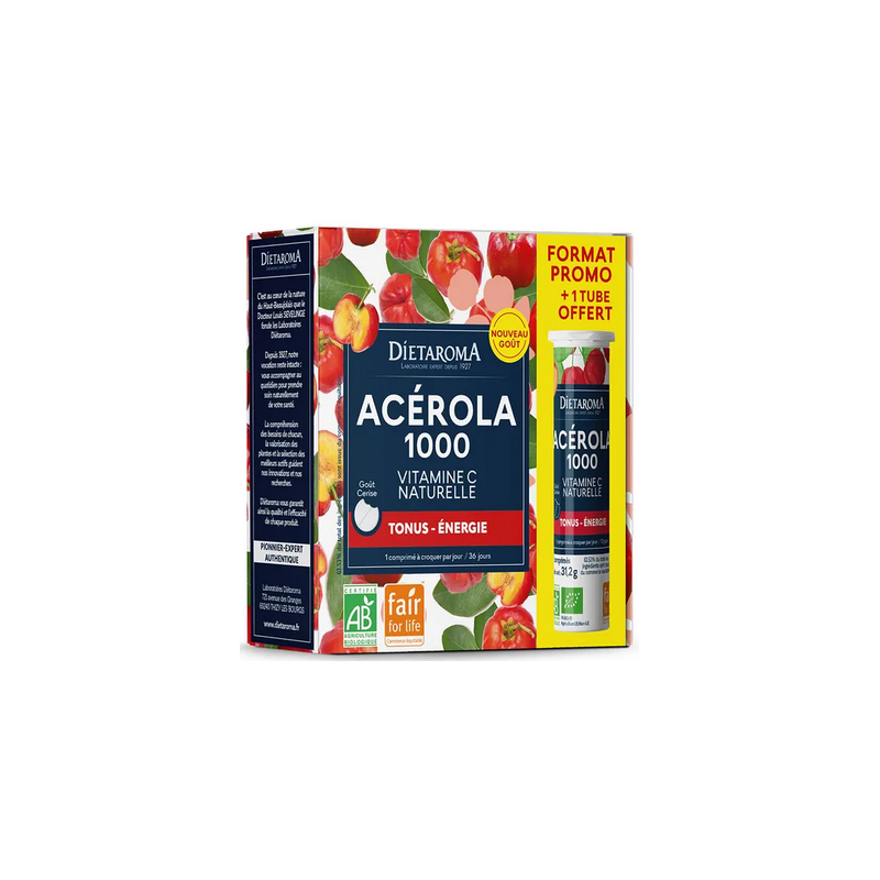 Acérola 1000 Diétaroma format famillial, complément alimentaire bio très riche en vitamine C naturelle