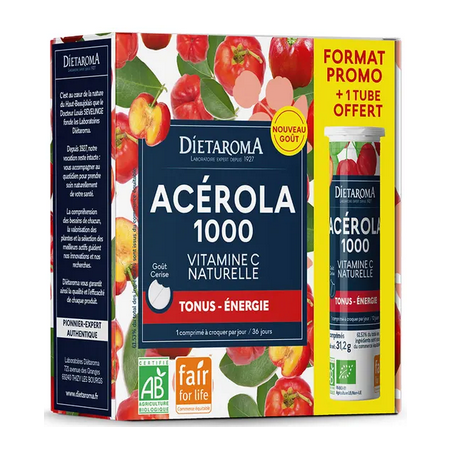 Acérola 1000 Diétaroma format famillial, complément alimentaire bio très riche en vitamine C naturelle