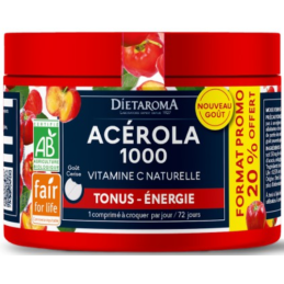Acérola 1000 Diétaroma format famillial, complément alimentaire bio très riche en vitamine C naturelle