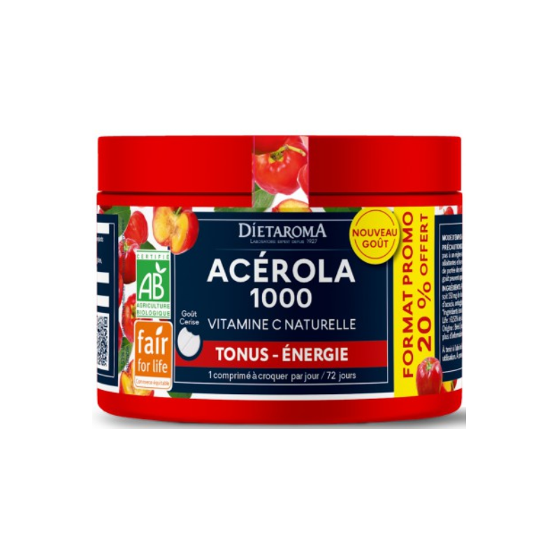 Acérola 1000 Diétaroma format famillial, complément alimentaire bio très riche en vitamine C naturelle