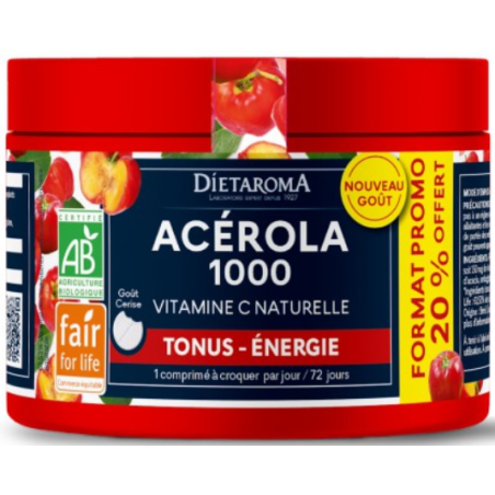 Acérola 1000 Diétaroma format famillial, complément alimentaire bio très riche en vitamine C naturelle