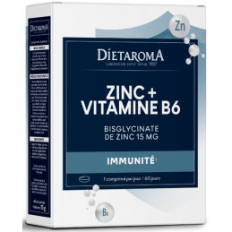 Zinc + Vitamine B6 60 Comprimés – Immunité, Bisglycinate de zinc 15mg – Complément Dietaroma Bretagne