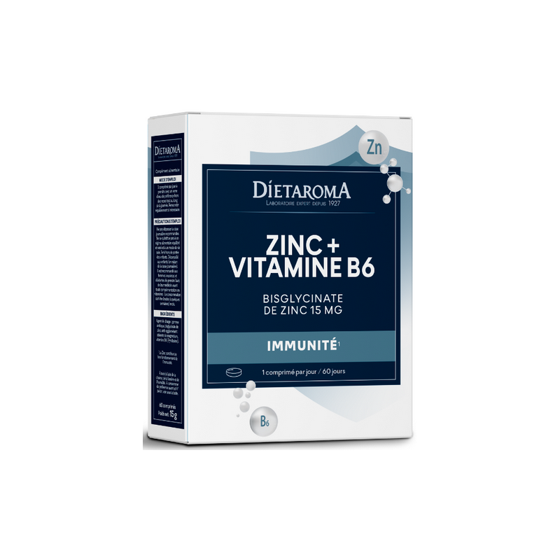 Zinc + Vitamine B6 60 Comprimés – Immunité, Bisglycinate de zinc 15mg – Complément Dietaroma Bretagne
