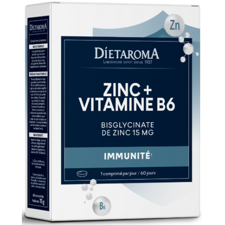 Zinc + Vitamine B6 60 Comprimés – Immunité, Bisglycinate de zinc 15mg – Complément Dietaroma Bretagne
